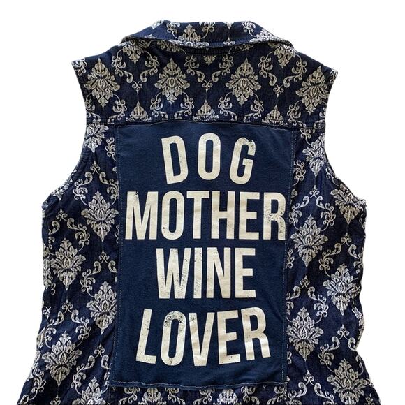 Via Penny Lane Reworked Apparel | Dog Mother Wine Lover Brocade Denim Vest M - Picture 2 of 9